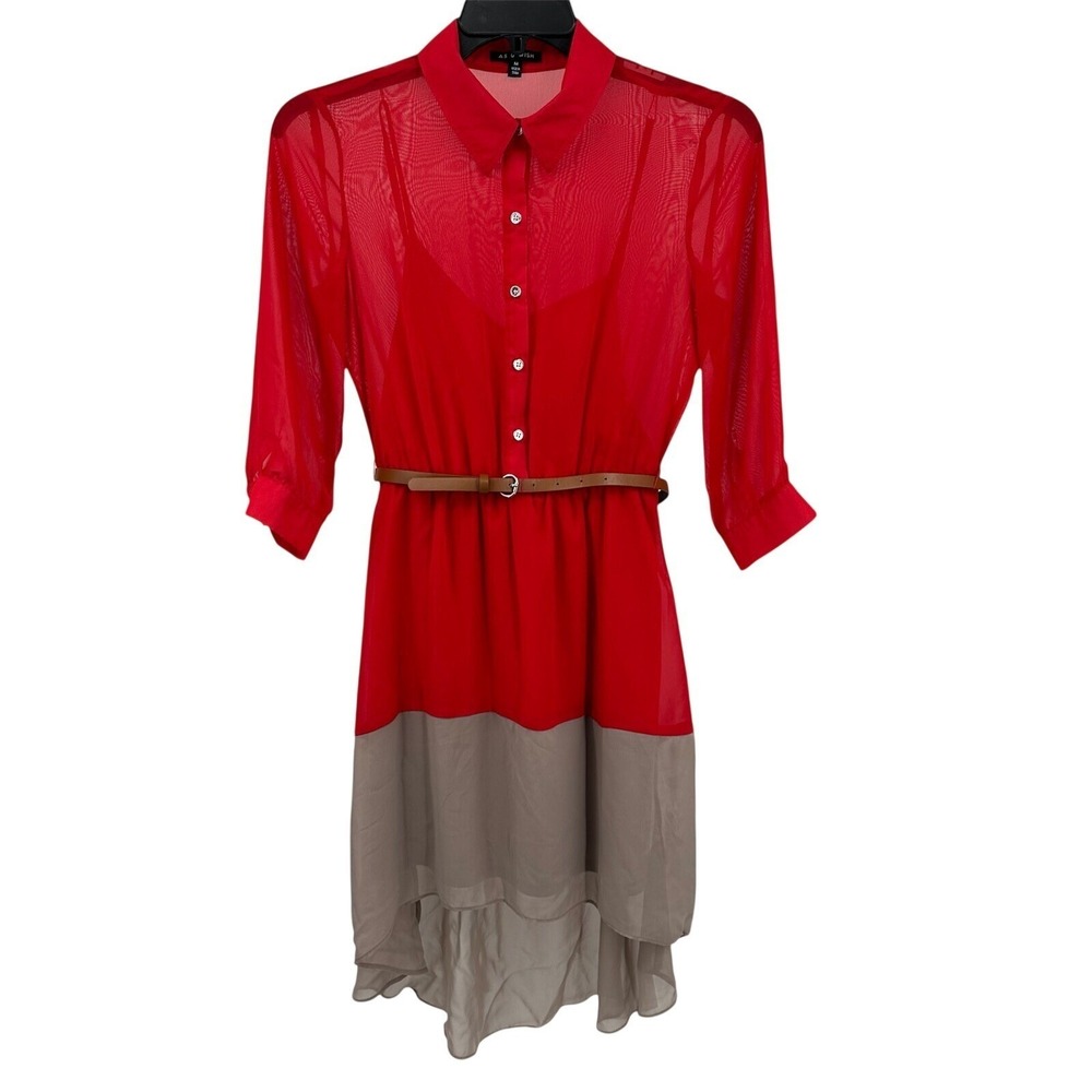 AS U Wish Red Chiffon Sheer Midi Shirt Dress Belted Button Down Ruffle Career M